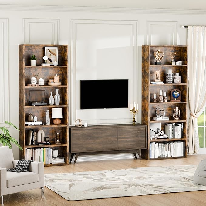 6-Tier Industrial Bookcase, 63" Tall Freestanding Wood Bookshelf with Open Display Storage Shelves for Living Room, Bedroom, Home Office, Rustic Brown