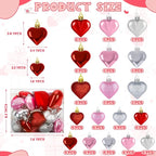 Heart Decorations, 48pcs Heart Shaped Ornaments, Glitter Red Heart Shaped Hanging Baubles, Romantic Pink Glossy Valentines Decor for Outdoor Indoor Party Wedding Engagement Lover
