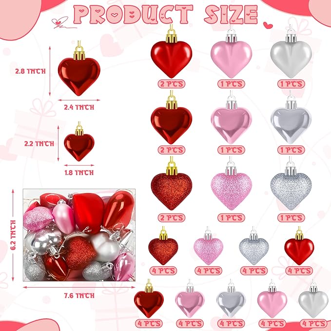 Heart Decorations, 48pcs Heart Shaped Ornaments, Glitter Red Heart Shaped Hanging Baubles, Romantic Pink Glossy Valentines Decor for Outdoor Indoor Party Wedding Engagement Lover