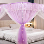 VETHIN 4 Corners Post Ruffle Princess Bed Canopy Curtain-Double Layer Cozy Drape Netting 4 Opening Mosquito Net for Girls Adults Bedroom Decoration (Double-Purple, 53" W*78" L*82"*H/(Full))