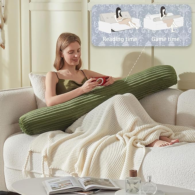 Headboard Wedge Pillow + A Long Neck Roll Pillow Body Pillow，Large Headboard Pillow with Removable Cover (Green, Queen：59x8x20 inches)