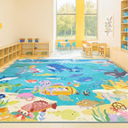 Large Blue Ocean Rug for Classroom – Washable 9x12 Kids Rug with Mermaid & Fish, Foldable, Lightweight Non Slip Fun Learning Soft Carpet for Classroom Elementory or Playroom