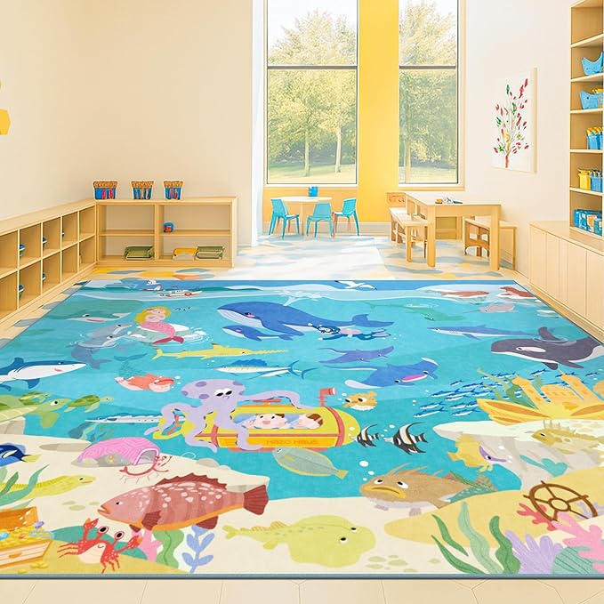 Ocean Themed Rug for Kids Room – 6x9 Blue Rug for Kids Room, Sea Creatures & Mermaid, Fish, Washable Non Slip Soft Carpet for Classroom, Bedroom or Playroom
