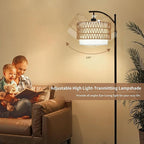 Arc Floor Lamp for Living Room Boho Floor Lamps with Remote Control & with 3 Color Temperatures,Rattan Wicker Standing Lamp Dimmable Tall Floor Lamp for Bedroom Living Room Corner