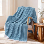 WRENSONGE Striped Throw Blanket, Blue Soft Cozy Fluffy Warm Hand Made Throw Blankets for Couch, Sofa, Chair, Bed, Camping, Picnic, Travel Lightweight Bed Blanket - 60"*80"