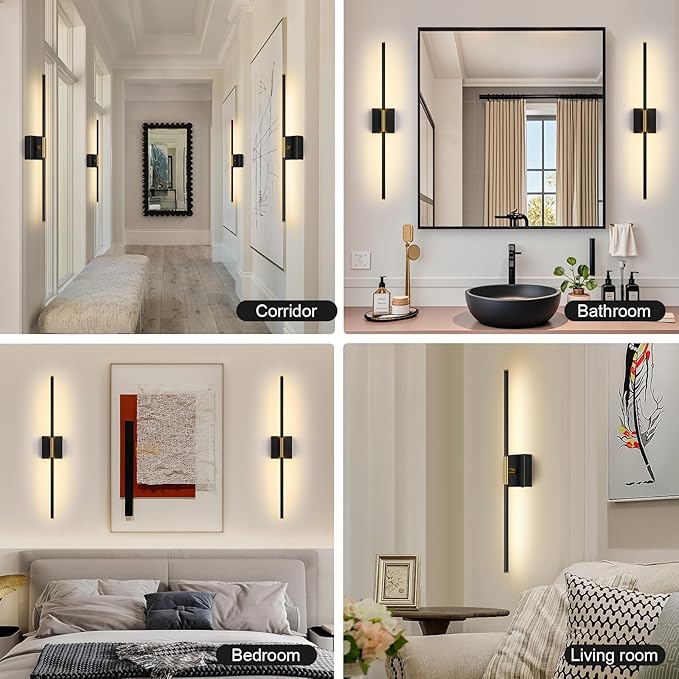 Wall Sconces Set of Two with Remote Control 29.1 in Dimmable Black Gold Battery Operated Wall Lights 350° Ratation 3000K-6000K LED Wireless Rechargeable Sconce for Bathroom Living Room Bedroom