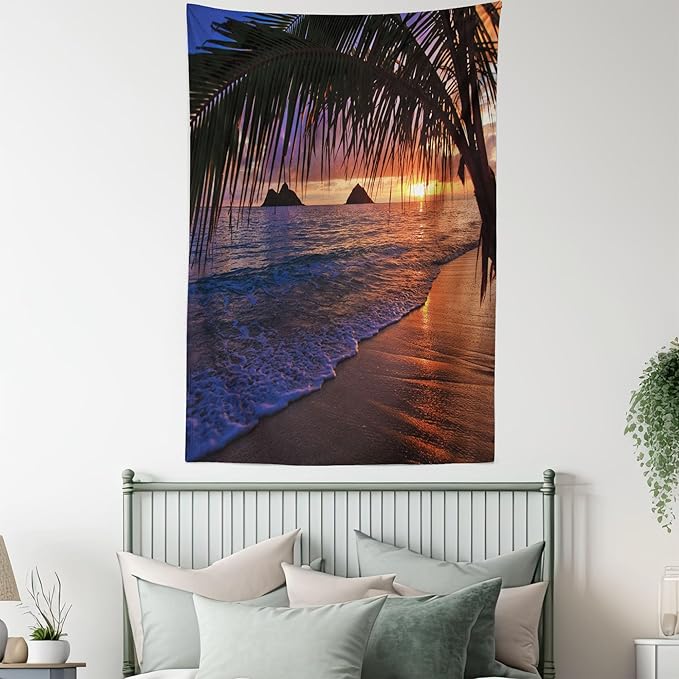 Ambesonne Hawaiian Tapestry Twin Size, Pacific Sunrise at Lanikai Beach Hawaii Sandy Tropics Hills Leaves Landmark, Wall Hanging Bedspread Bed Cover Wall Decor, Twin Size, Umber Purple