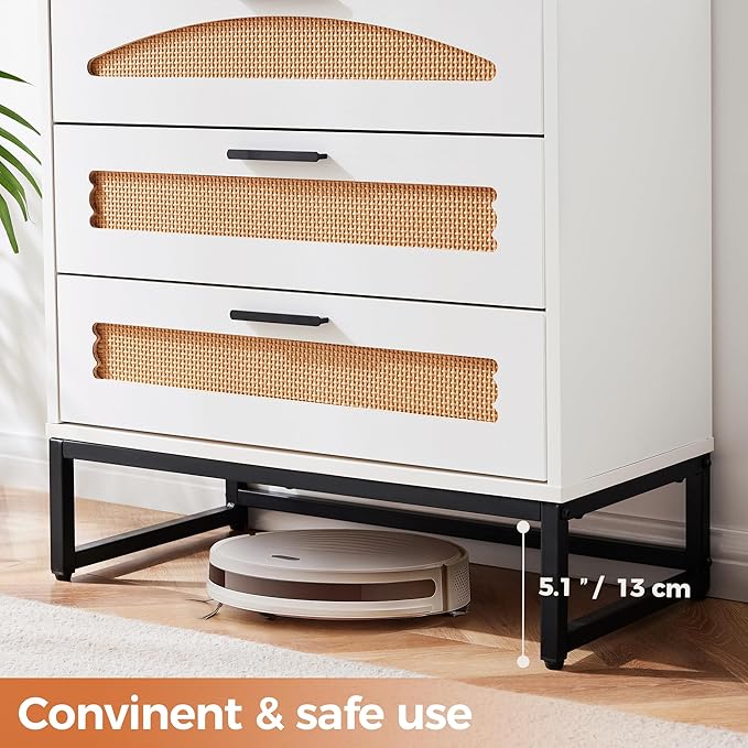 Mericonia 5 Drawer Rattan Dresser for Bedroom, Wood Tall Dresser for Closet with Metal Handles, Boho Nightstand Sets, Dressers & Chests of Drawers for Bedroom, Hallway and Entryway, White
