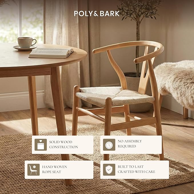 POLY & BARK Weave Dining Chair – Mid-Century Modern Wishbone Dining Chair with Arms, Solid Wood Frame, Indoor Use – Oak – Single - Ideal for Dining Room, Kitchen, or Stylish Accent Setting