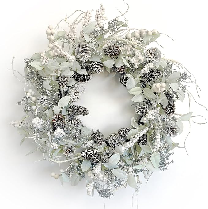 Birch Wreath with White Berries, Iced Pine Cones, Holly Leaf, Branch - 26" Winter Christmas Wreath for Front Door or Indoor Wall Window Thanksgiving Decor