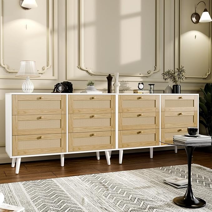 Elegant 6 Drawer Rattan Dresser, Boho Dresser Chest for Bedroom Hallway Living Room, White