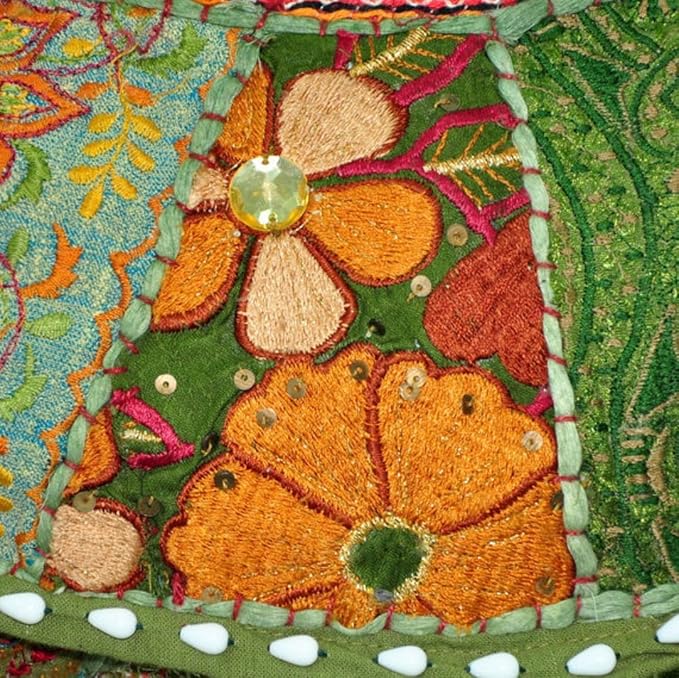 Aakriti Gallery Indian Pouf Footstool Ethnic Embroidered Pouf Cover, Indian Cotton Round Pouffe Ottoman Pouf Cover Pillow Ethnic Decor Art - Cover Only (Green, 18x13)