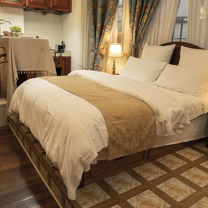 OSVINO Solid Color Chenille Soft No Fading Modern Bed Runner Bedding Scarf Protection, Gold, 210X50cm for 150cm Bed
