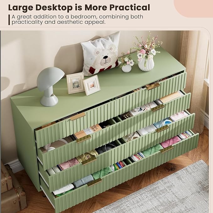 GarveeHome 8 Drawer Dresser for Bedroom, Fluted 55 in Wide Modern Chest of Drawers with Deep Drawers, Wooden Dresser Organizer for Living Room, Hallway, Kids Room, Green