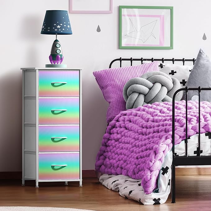 Sorbus Kids Dresser with 4 Drawers - Storage Chest Organizer Nightstand - Steel Frame, Wood Top, Tie-Dye Fabric Bins for Clothes - Wide Furniture for Bedroom, Hallway, Nursery, Closet, & Apartment