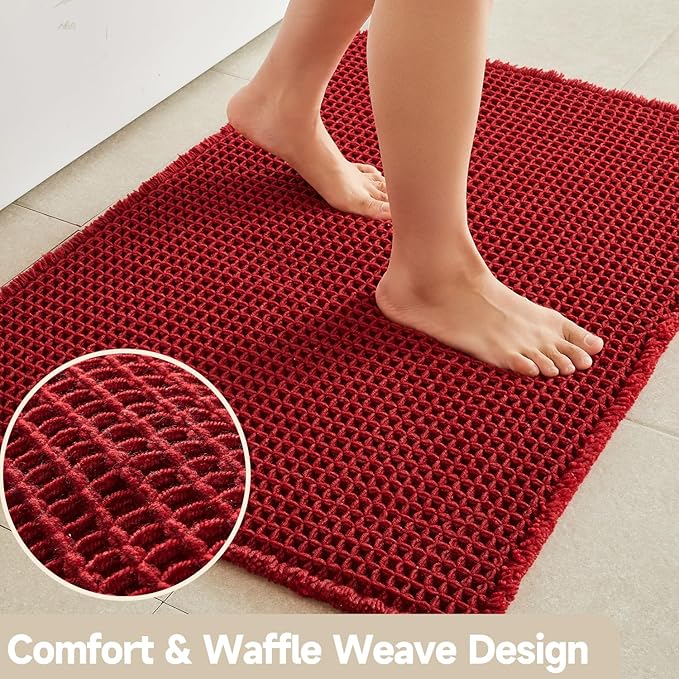 Waffle Bath Mat, Boho Bathroom Rugs Non Slip Washable Super Absorbent Quick Dry Bath Mat Farmhouse Bathroom Decor, 24"x16" Burgundy