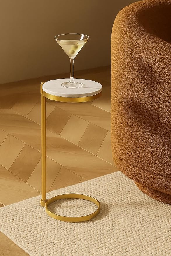 TEHOME Gold Glass Drink Table Metal Martini Round Small Drink Side Table for Couch Tempered Glass C Shaped End Table for Sofa 10" diam,24.55" h