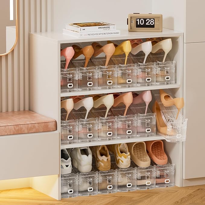 Neprock Shoe Slots Organizer for Closet, 20 Pack Acrylic Shoe Stackers Shoe Rack Holder, 3 Levels Adjustable Thickening Shoe Display Shoe Storage 50% Space Saving Zapateras Organizer (Clear,20 Pack)