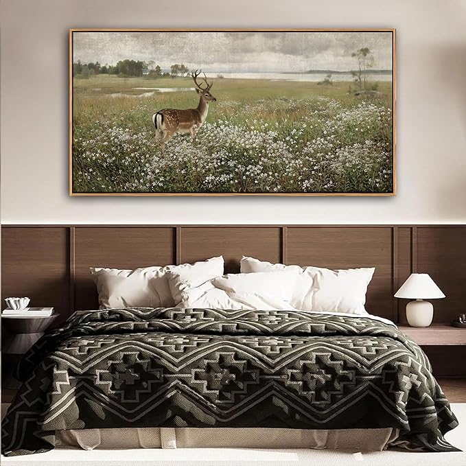 Vintage Wall Art for Living Room Farmhouse Wall Art, Country Wall Decor, Deer Art - Rustic Nature Canvas, Large Landscape Pictures for Bedroom Framed Artwork for Walls 29×58IN