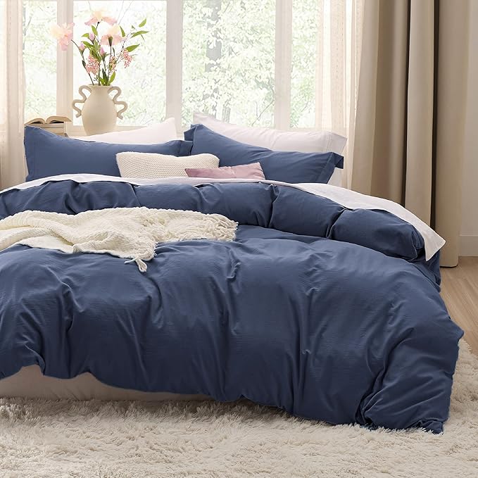 Bedsure Navy Duvet Covers Queen Size - Washed Duvet Cover, Soft Queen Duvet Cover Set 3 Pieces with Zipper Closure, 1 Duvet Cover 90x90 inches and 2 Pillow Shams