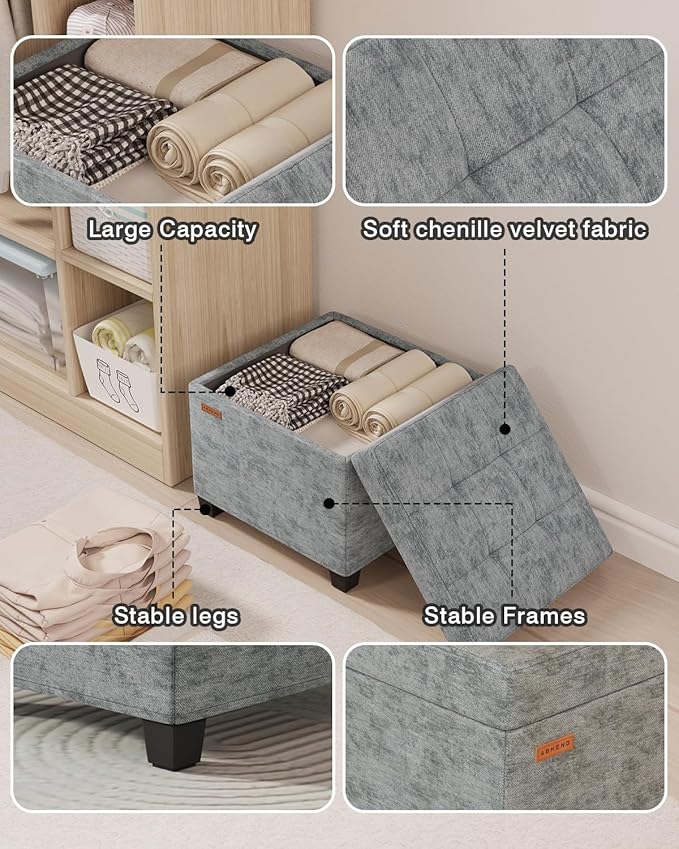 17.7 inches Chenille turfed Ottomans Cube with Legs, Metal-Framed Square Storage Ottoman Foot Rest Stool Holds 770 LB for Dorm Living Room Bedroom Gray UASN641G