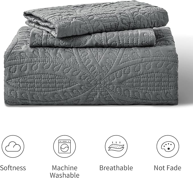 Love's cabin King Size Quilt Bedding Set Dark Grey Bedspreads - Bed Lightweight Bedspread Comforter - Coin Pattern Bedding Coverlet for All Season - 3 Pieces (1 Quilt, 2 Pillow Shams)