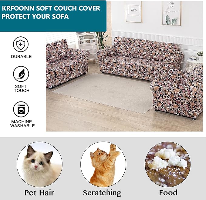 KRFOONN 4 Piece Printed Sofa Couch Cover for 3 Cushion Couches Stretch Sofa Slipcovers with 3 Separate Seat Cushion Covers Washable Furniture Protector with Elastic Bottom (Sofa, 62)