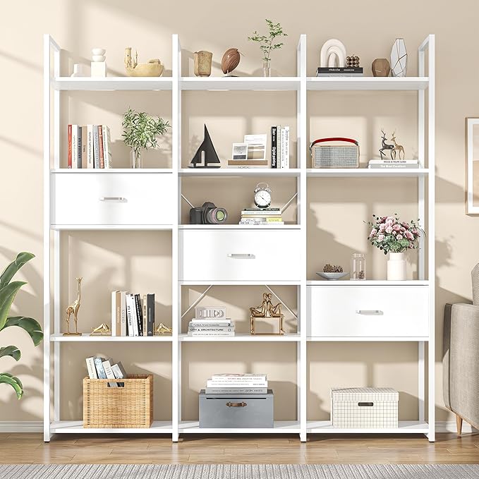 Semoic Triple Wide 6 Tiers Industrial Book shelf with 3 Drawers and Storage Shelves, 73.6" Tall Bookcase with 16 Open Display Shelves, Large Etagere Bookshelf with Metal Frame for Home & Office, White