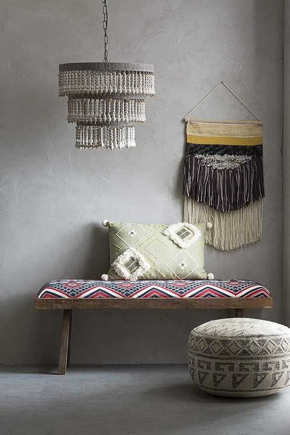 Creative Co-Op Boho Round Wool Blend Kilim Pouf with Geometric Design, Multicolor