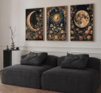 3Pcs Sun and Moon Celestial Canvas Wall Art Vintage Gothic Mystical Crescent Floral Plant Dark Academia Painting Picture Wall Decor Posters Print Artwork for Living Room Bedroom Decoration Unframed (24L" x 16W"-Poster)
