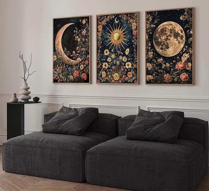 3Pcs Sun and Moon Celestial Canvas Wall Art Vintage Gothic Mystical Crescent Floral Plant Dark Academia Painting Picture Wall Decor Posters Print Artwork for Living Room Bedroom Decoration Unframed (16L" x 12W"-Poster)