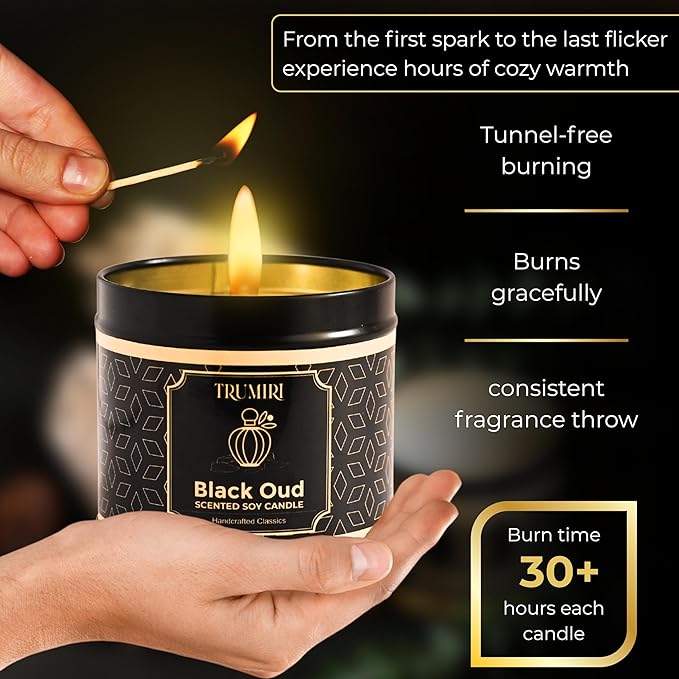 Candle Gift Set of 3 Black Oud|Sage Pine|Eucalyptus Lime Strong Scented Soy Candels Clean Non Toxic Velas Aromáticas Favors for Women Coworkers Friends Guests Also for Fall Diwali Christmas Holidays