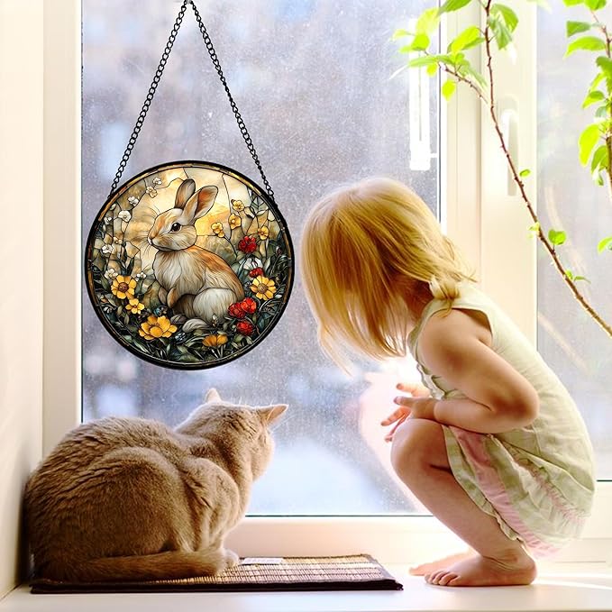 Stained Glass Window Hanging - Rabbit Flowers Suncatcher Ready to Hang Window Doors Home Decoration, Easter, Mother's Day Birthday Gifts for Women, Men, and Mom 9.8x9.8 in