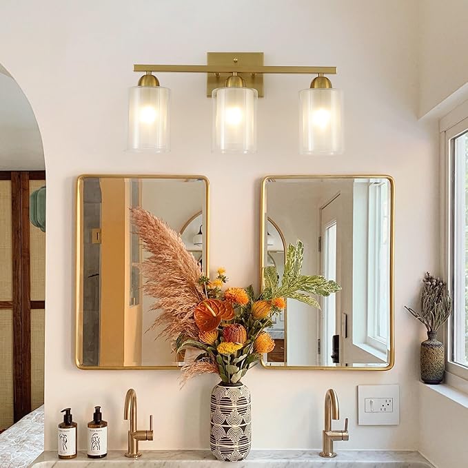 Stainless Steel Bathroom Vanity Light Over Mirror, 3 Light Brushed Gold Bathroom Light Fixtures with Milk Glass and Clear Glass Shades, Modern Vanity Lighting Wall Mount