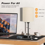 Beige Small Lamps 3 Levels Brightness - 3000K 4000K 5000K Bedside Lamps with USB C and A Ports, Pull Chain Table Lamps with AC Outlet, Nightstand Lamps with Black Metal Base for Bedroom Kids Reading