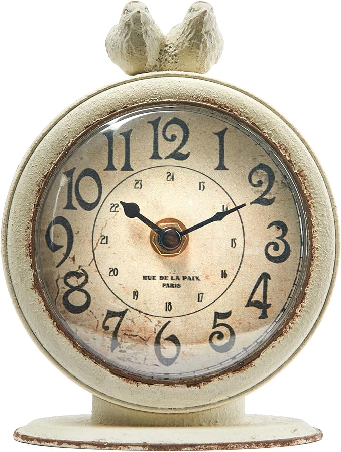 Creative Co-Op Vintage Pewter Mantel Clock with Birds, Distressed Cream