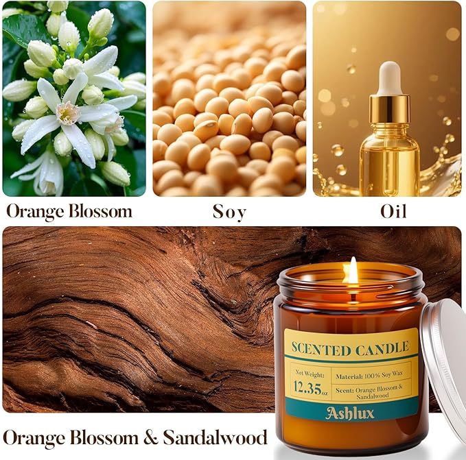 Orange Blossom and Sandalwood Candle,12.35oz Scented Candles with 8% Essential Oils,70 Hour Burn Time Soy Wax Candles for Home Decor,Reading,Jar Candle Gifts for Women and Men