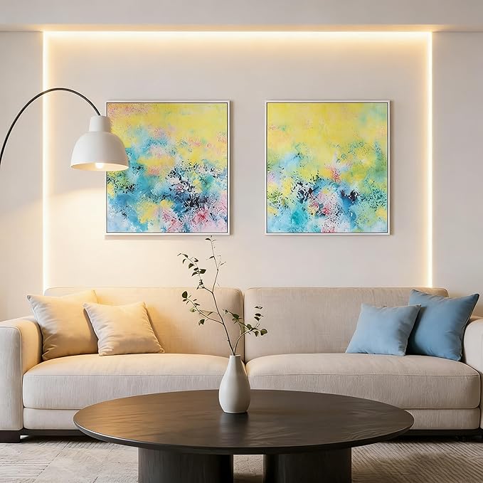 Charouse 2 Piece Framed Wall Decor Christmas GIft Color Fusion Modern Wall Art for Living Room Office Bedroom Yellow Flower Rain Panda Pictures Wall Decor 24*24 Inch Colorful Wall Aabstract Artcanvas wall art
