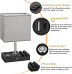 Kakanuo Nightstand Lamp for Bedroom with Dual USB Ports, Grey Touch Control Bedside Table Lamp with Charging Outlets and Phone Stands, 3-Way Dimmable Desk Lamp for Living Room, LED Bulb Included