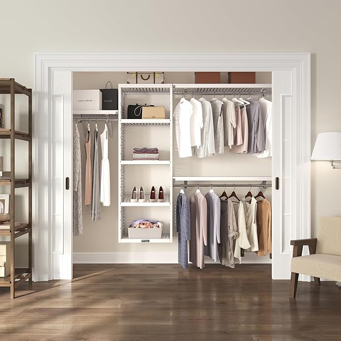 John Louis Home Solid Wood Walk-In Closet Organizer - 100% Real Wood Cut-to-Fit System with Adjustable Shelves, Metal Garment Bars & Ventilated Design for Custom Storage (White Finish)