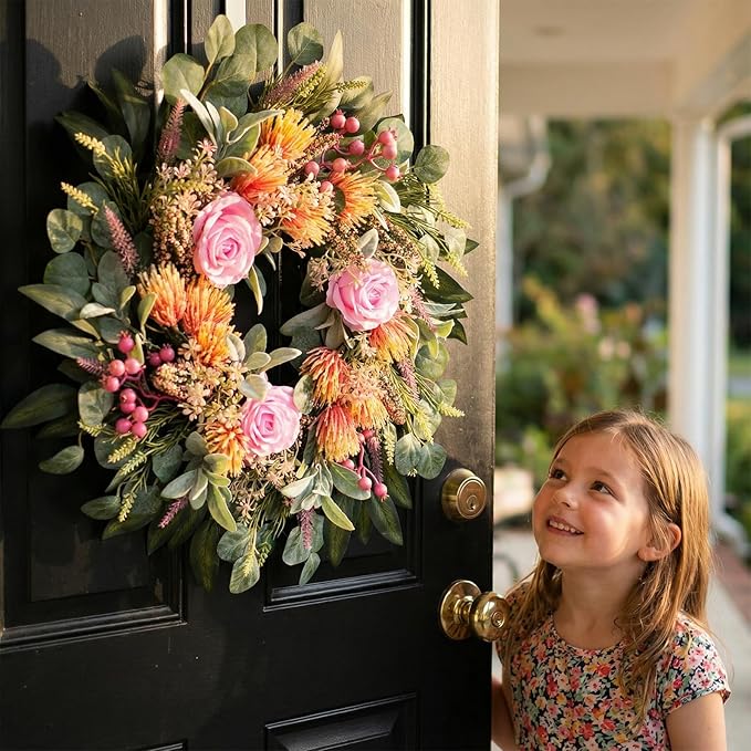 24 Inch Wreath for Front Door Spring Wreath with Purely Handmade Roses, Rose Leaves, Big Berries, Flocking Protea, Home Indoor Outdoor Wall Festival Farmhouse Holiday Decor Year Round