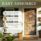 Solar Spring Wreath for Front Door Pre-lit 24inch 50LED Wreaths Spring Decorations for Home Outside Aftificial Pink Flower Wreaths Summer Decor Wreath for Wall Festival Decor(2402)