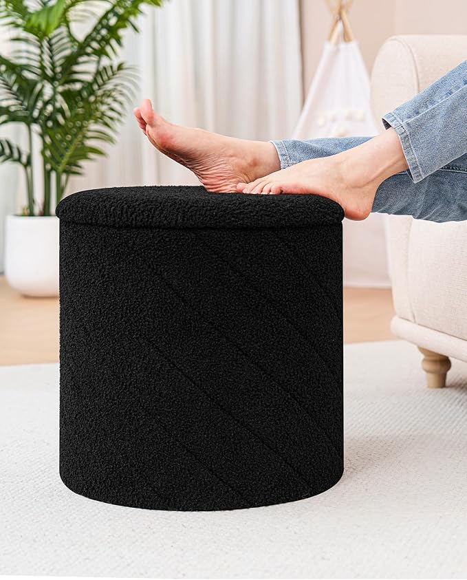Round Boucle Storage Ottoman with Reversible Wood Tray, 17.7" Sherpa Cylinder Footrest Stool with Storage, Upholstered Folding Ottoman Coffee Table for Living Room Bedroom Dorm, Black