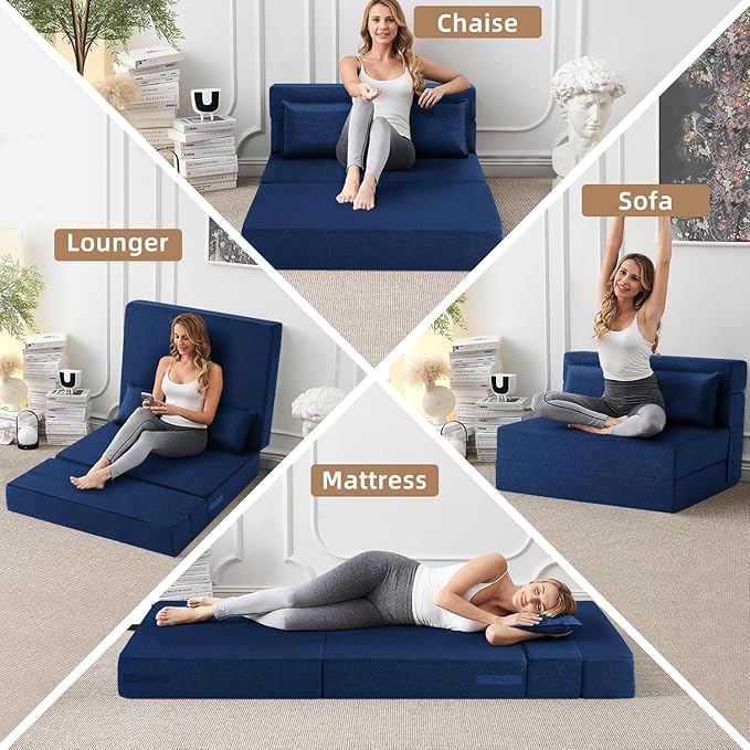 FILUXE Convertible Folding Sofa Bed - Sleeper Chair with Pillow, Modern Linen Fabric Floor & Futon Couch, Foldable Mattress for Living Room/Dorm/Guest/Home Office/Apartment,Standard Size, Navy Blue
