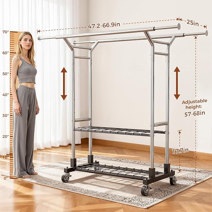 Luxspire Heavy Duty Clothes Rack Load 650 LBS, Double Rod Clothing Racks for Hanging Clothes, Rolling Garment Racks with Lockable Wheels, Shelves, Adjustable Laundry Hanging Rack, Silver