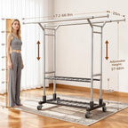 Luxspire Heavy Duty Clothes Rack Load 650 LBS, Double Rod Clothing Racks for Hanging Clothes, Rolling Garment Racks with Lockable Wheels, Shelves, Adjustable Laundry Hanging Rack, Silver