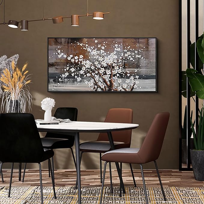 KLAKLA Framed Wall Art - Black Frame Canvas Wall Decor - Flower Picture Artwork for Wall - Large Paintings for Living Room Brown Background Bedroom Office Plum Blossom Art Prints 20x40
