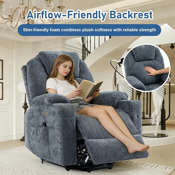 Electric Lift Recliner Chair, Overstuffed Zero-Gravity Recliner with Assisted Standing, Extra Wide Sofa with 8-Point Vibration Massage & Lumbar Heating, Medium-Soft, Blue