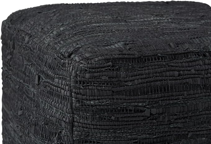 SIMPLIHOME Fredrik Square Pouf - 18 inch Wide Genuine Woven Leather Ottoman in Black, Boho-Style Footstool or Extra Seating for Living Room or Bedroom with Polystyrene Bead Filling, Assembled