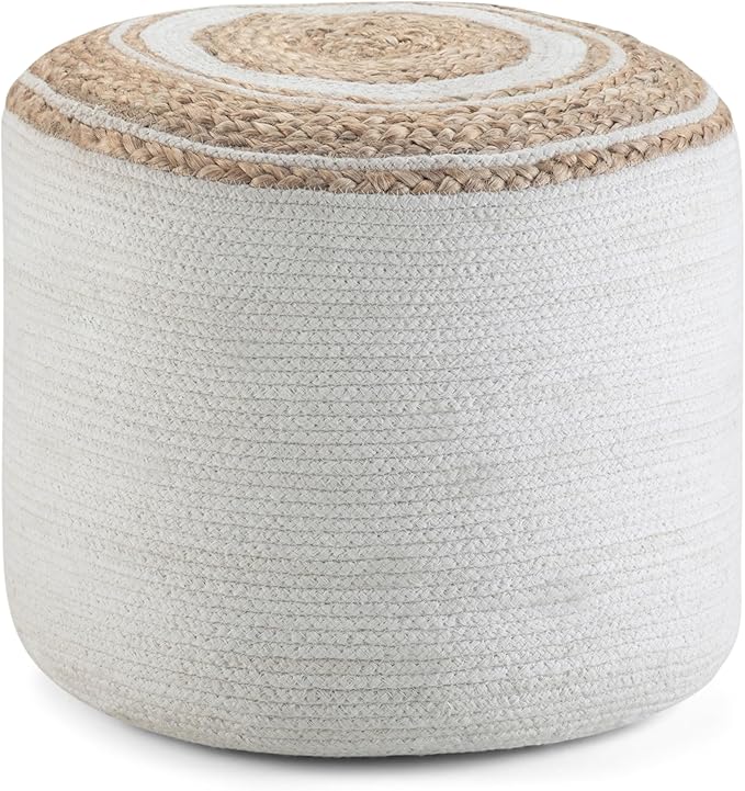 SIMPLIHOME Serena Round Braided Pouf - 18 inch Wide Upholstered Jute and Cotton Ottoman in Natural, Boho-Style Footstool or Extra Seating for Living Room with Polystyrene Bead Filling, Assembled